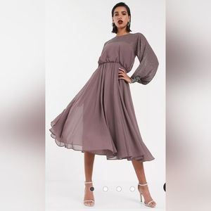 ASOS midi dress with linear yoke beaded embellishment in mauve